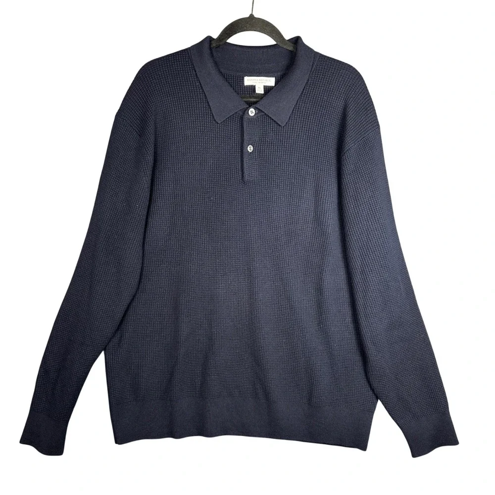 Banana Republic Mens Merino Wool Waffle Knit Sweater Polo XL Navy Blue Office